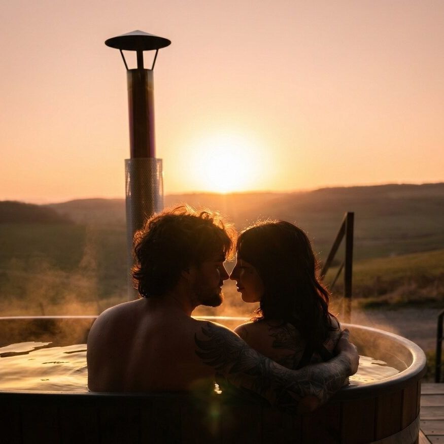 Un couple face à face dans le bain nordique en bois, le poêle à bois et la vallée en fond