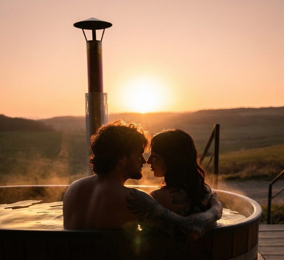 Un couple dans le bain nordique de son lodge au coucher du soleil